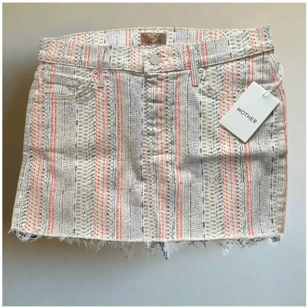 Mother Mini Skirt 27 Straight Frayed Hem Striped Cotton Stretch Cotton Mandarin